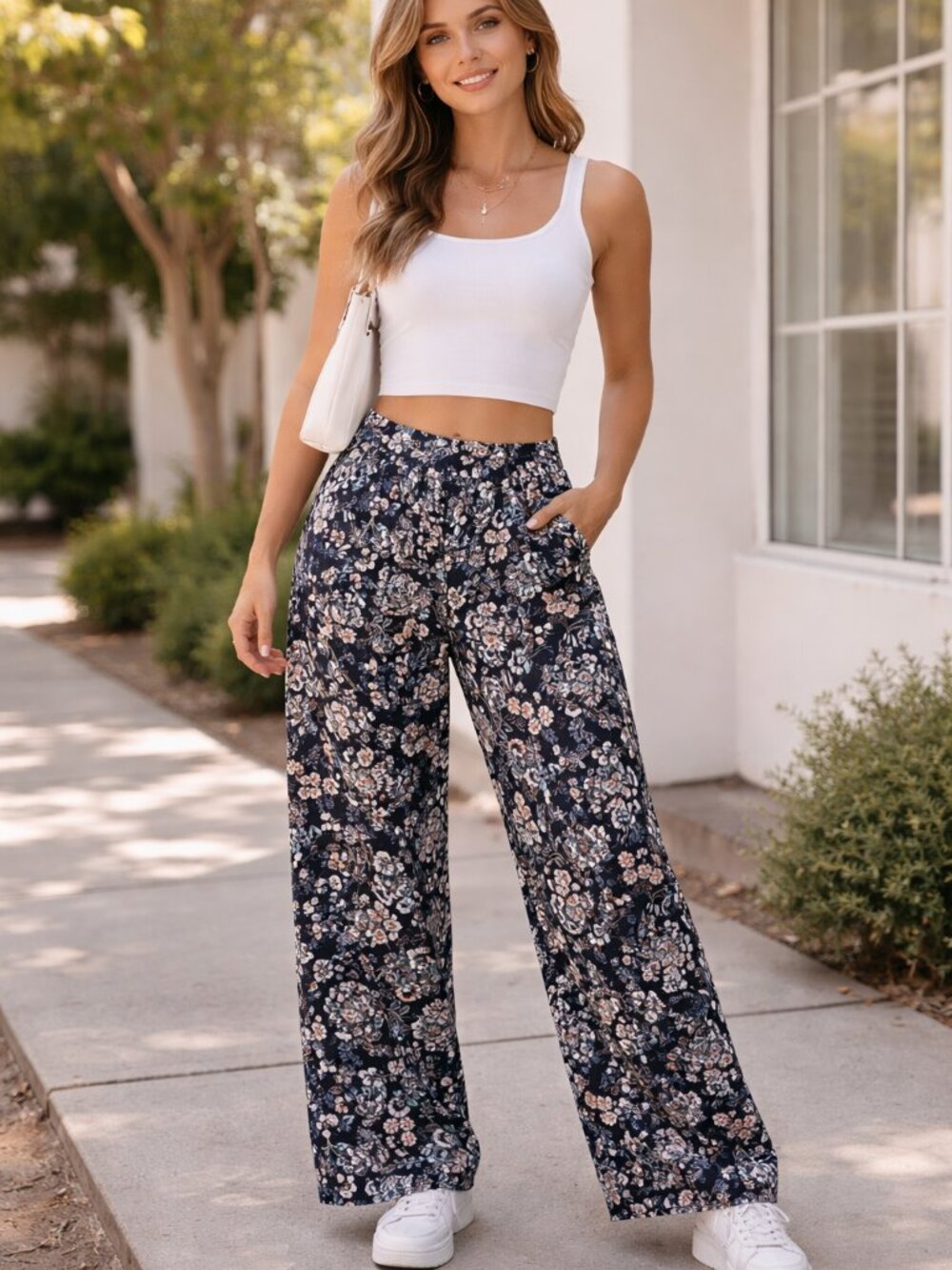 Y2k Baggy Trousers Women Sz Medium 25" Blue Floral Loose Wide Leg Boho Lagenlook